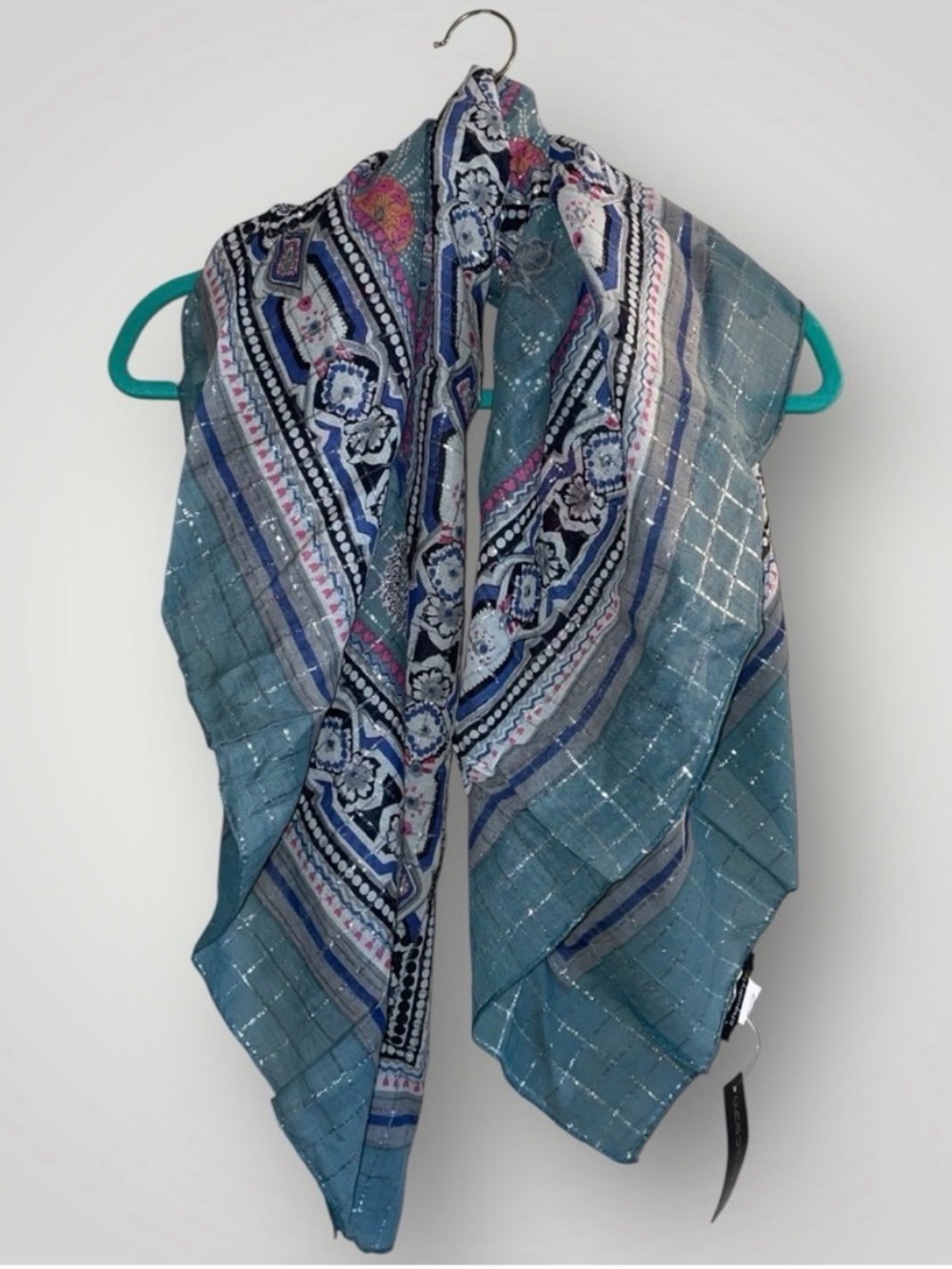 Chaudry Light Blue Patterned Floral Scarf with Silver Strands